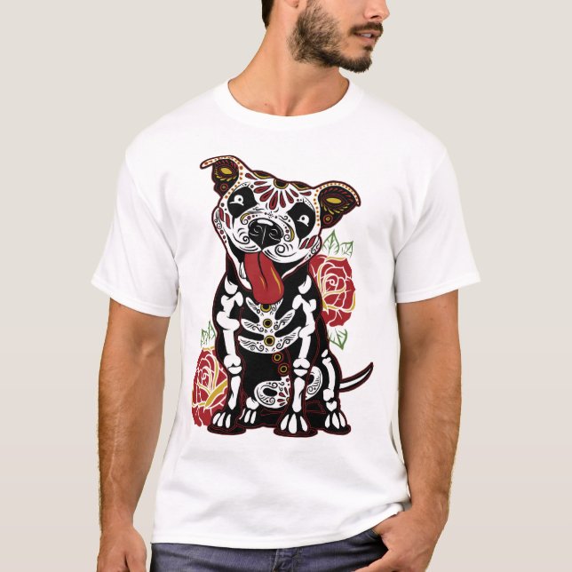 Pitbull Sugar Skull för kvinnor, Manar Pitbull Mam T Shirt (Framsida)