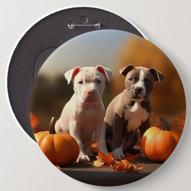 Pitbull Valp Höstglädje Pumpa  Knapp (Framsida & baksida)