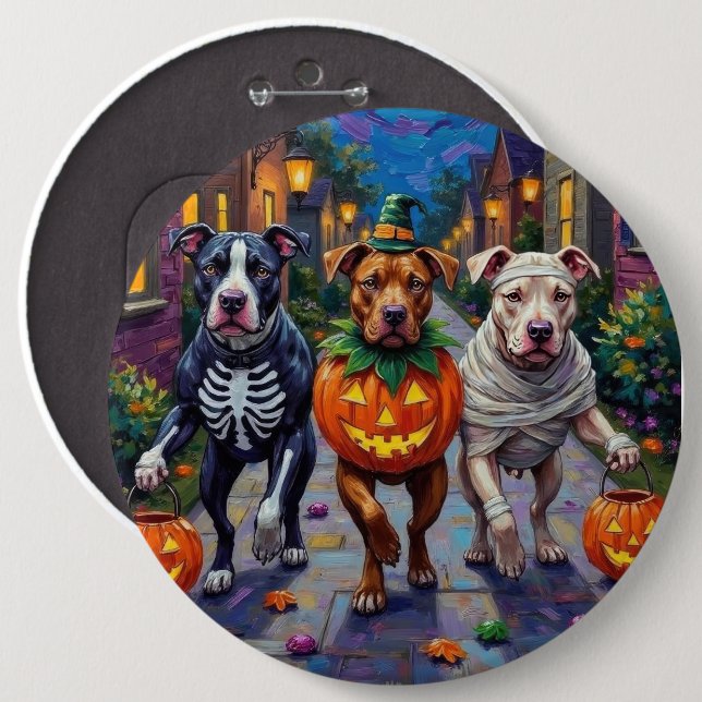 Pitbull-valpar som går runt på Halloween  Hallowee Knapp (Framsida & baksida)