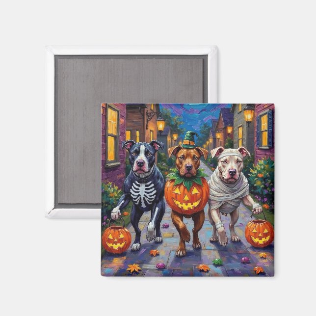Pitbull-valpar som går runt på halloween  Hallowee Magnet (Front/Back)