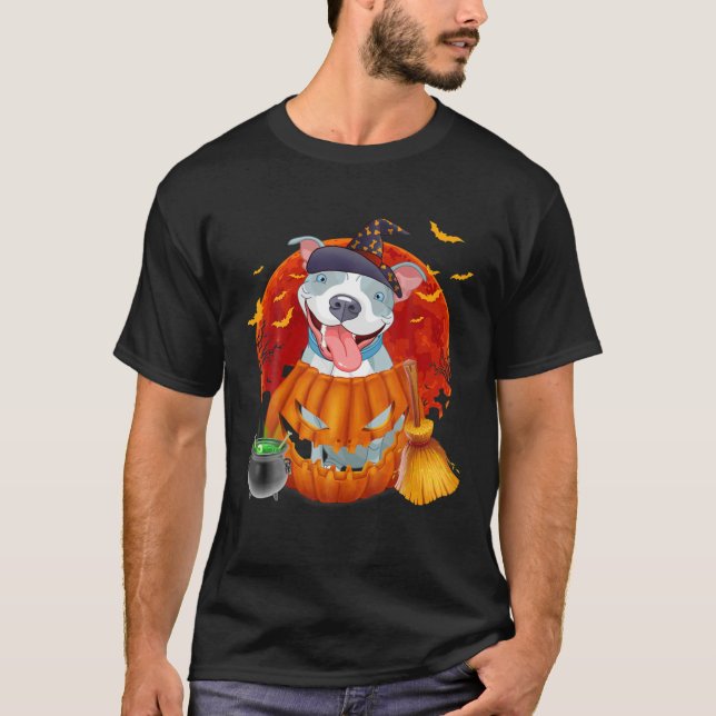 Pitbull Witch Pumpkin Halloween T Shirt (Framsida)