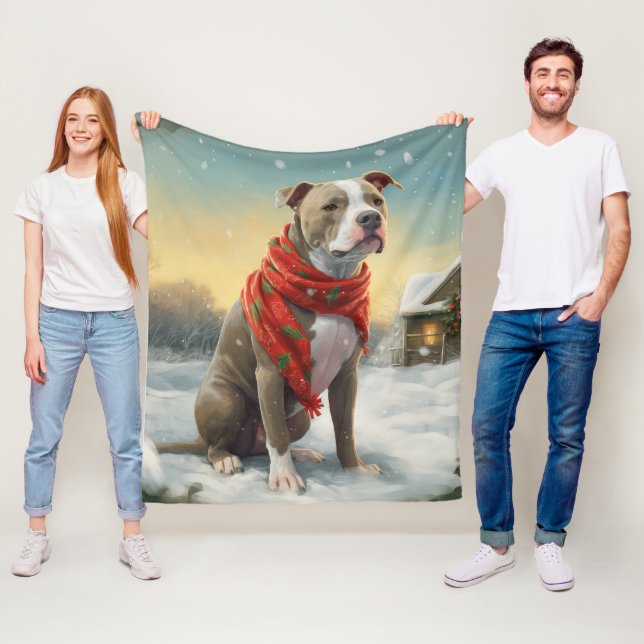Pitbullhund i snö jul fleecefilt (På plats)