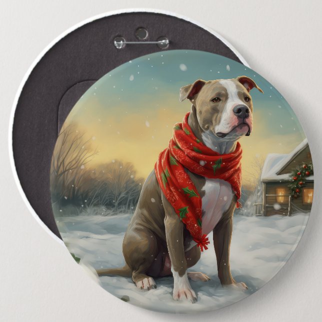 Pitbullhund i snö jul knapp (Framsida & baksida)