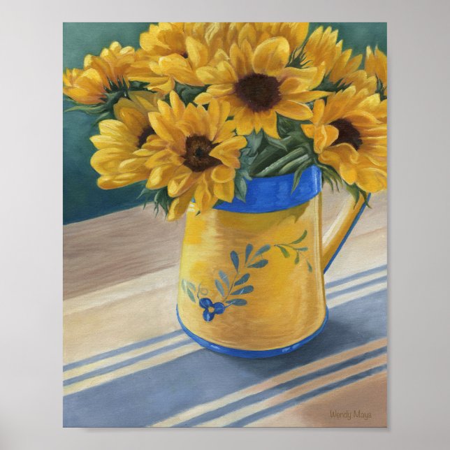 Pitcher av solblommor på blå strippad trasa poster (Framsidan)