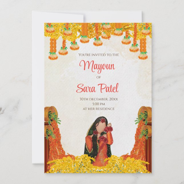 Pithi bjuder in som Mayoun-inbjudningar Haldi bjud Inbjudningar (Framsida)