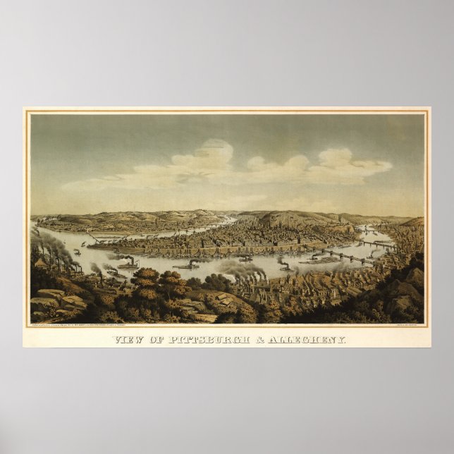 Pitsburgh birdseye karta - 1874 (Krebs) BigMapBlog Poster (Framsidan)