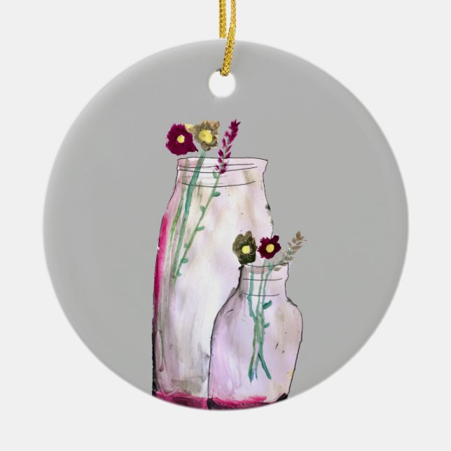Pittoreska akvarellvildblommor i vas julgransprydnad keramik (Framsidan)