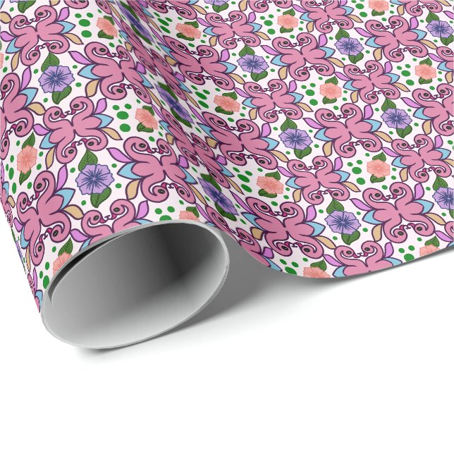 Pittoreskt Fågelblommönster i Folkkunststil Presentpapper (Rullad Hörn)