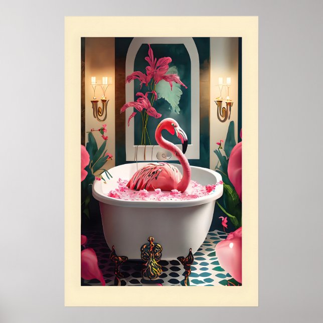 Pittsamt Flamingo Badkar Konsttryck Lekfullt Poster (Framsidan)