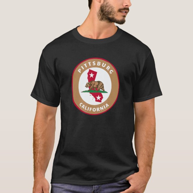 Pittsburg California CA Flag and Bear Badge Souven T Shirt (Framsida)