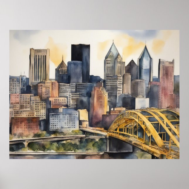Pittsburgh Cityscape, vattenfärg Poster (Framsidan)
