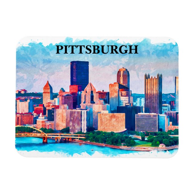 Pittsburgh Cityscape Watercolor Painting Magnet (Horisontell)
