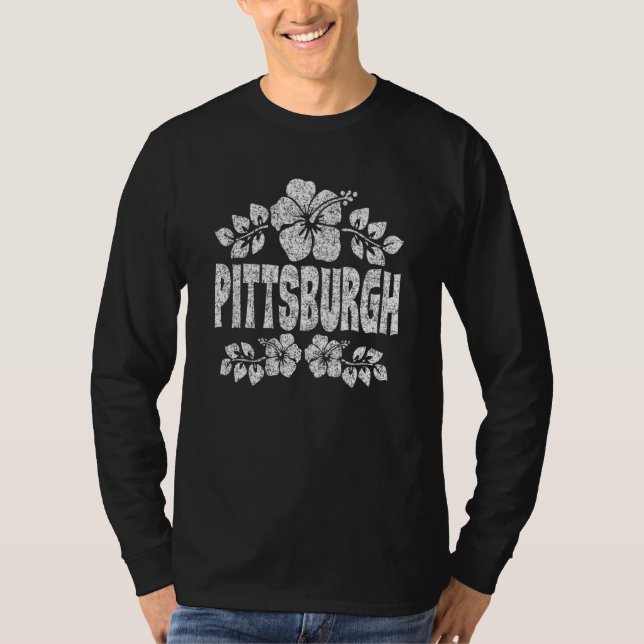 Pittsburgh Flowers Distressed White Print T Shirt (Framsida)