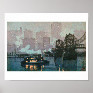Pittsburgh på natten, Hiroshi Yoshida, Woodcut Poster