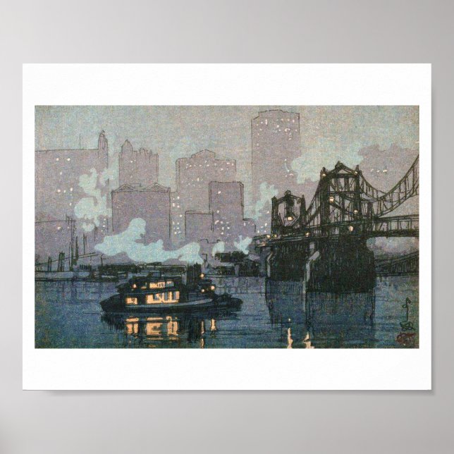 Pittsburgh på natten, Hiroshi Yoshida, Woodcut Poster (Framsidan)