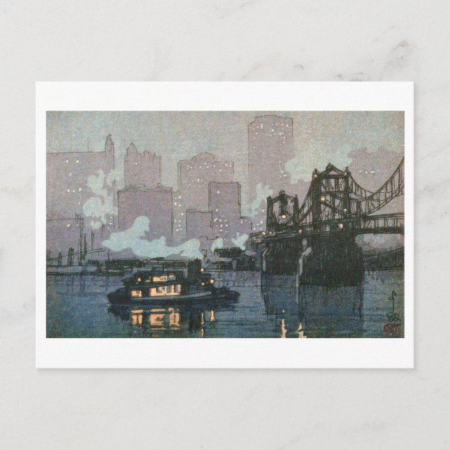 Pittsburgh på natten, Hiroshi Yoshida, Woodcut Vykort (Framsida)