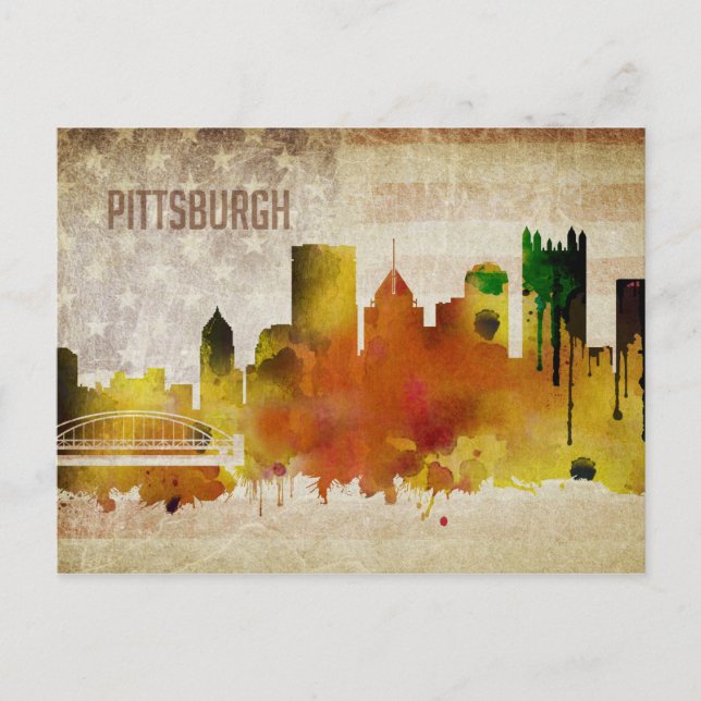 Pittsburgh, PA | Watercolor City Skyline Vykort (Framsida)