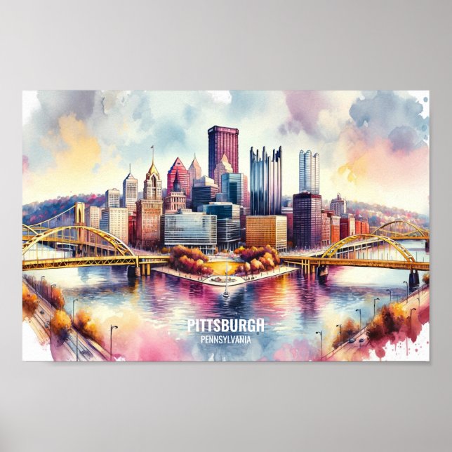 Pittsburgh Pennsylvania Travel Ställe, vattenfärg Poster (Framsidan)