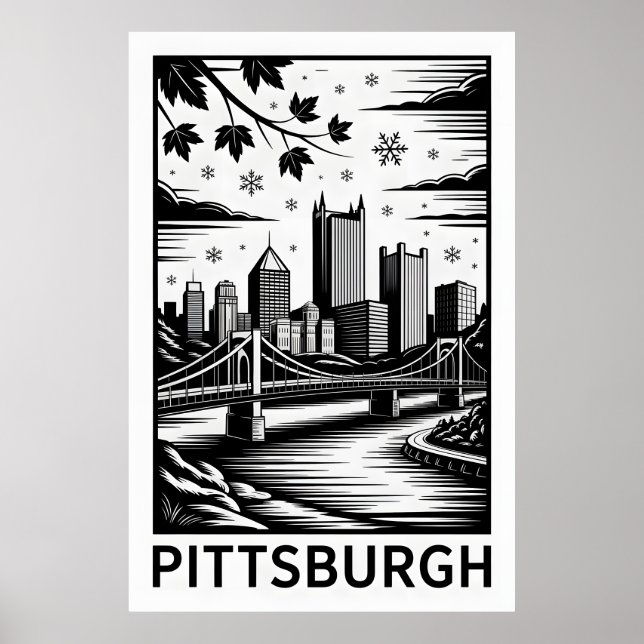 Pittsburgh Siluett Svart & Vitt Vinter Stad Poster (Framsidan)
