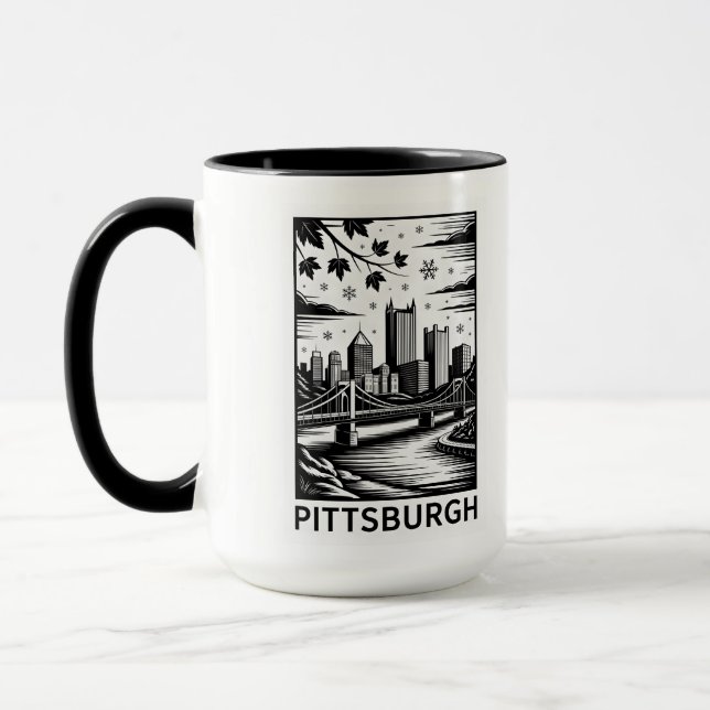 Pittsburgh Skyline Svart & Vitt Vinter Stad Mugg (Vänster)