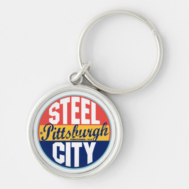 Pittsburgh vintageetikett rund silverfärgad nyckelring (Framsidan)