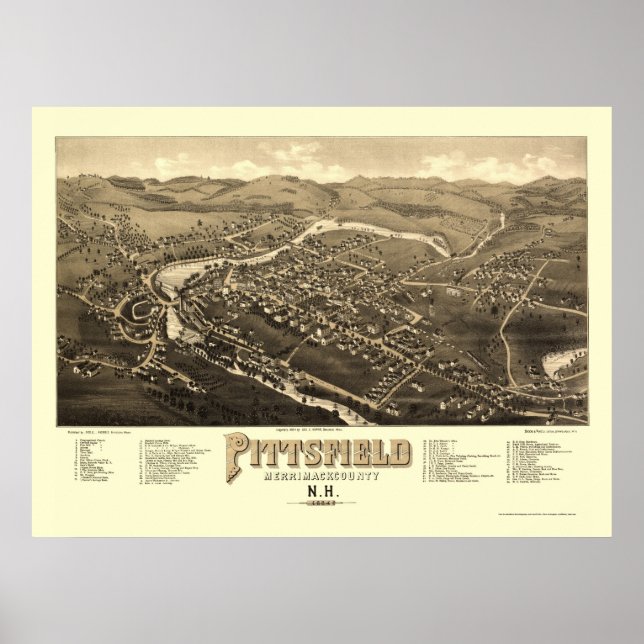 Pittsfield, NH Panoramic Karta - 1884 Poster (Framsidan)
