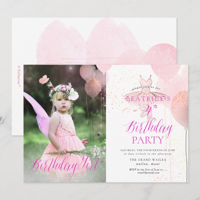 PixDezine ANY AGE, Ballerina Birthday Girl Inbjudningar (Fram/baksida)