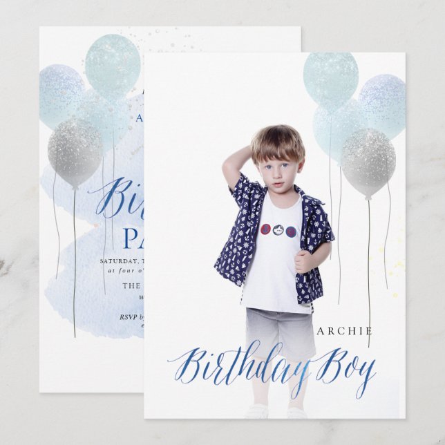 PixDezine ANY AGE, Birthday Boy Balloons Inbjudningar (Fram/baksida)