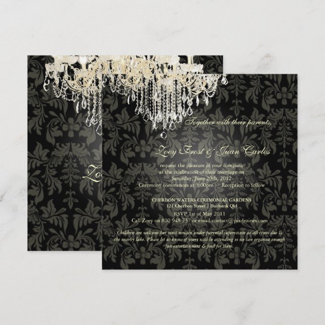 PixDezine CRYSTAL CHANDELIER+BAROQUE DAMASK Inbjudningar (Fram/baksida)
