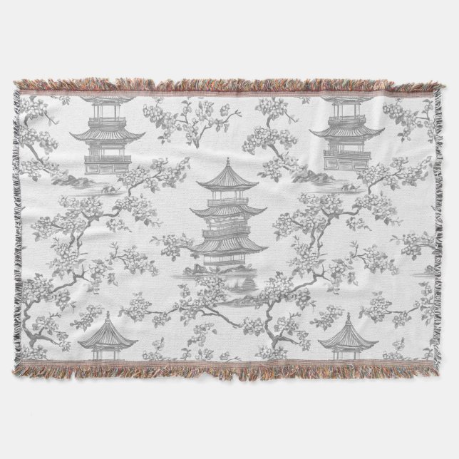 PixDezine Grå Chinoiserie Pagoder Körsbärsblommor Filt (Framsidan)