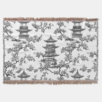 PixDezine Svart Chinoiserie Pagod Körsbärsblommor Filt