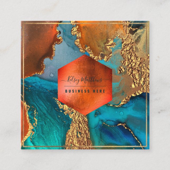 PixDezines Abstrakt Galaxy H2 Copper Guld Teal Squ Fyrkantigt Visitkort (Framsida)