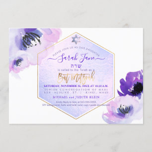 PixDezines akvarellblommor, lila Bat Mitzvah Inbjudningar