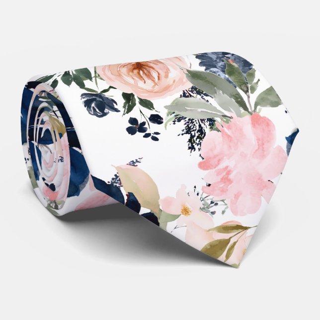 PixDezines akvarellblommor marinblå rosa Slips (Rullad)