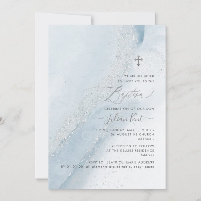 PixDezines Alcohol+Bläck Dusty Blue Silver Baptism Inbjudningar (Framsida)