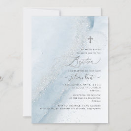 PixDezines Alcohol+Bläck Dusty Blue Silver Baptism Inbjudningar
