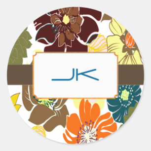 PixDezines Alegre Retro Blommönster, Monogram Runt Klistermärke