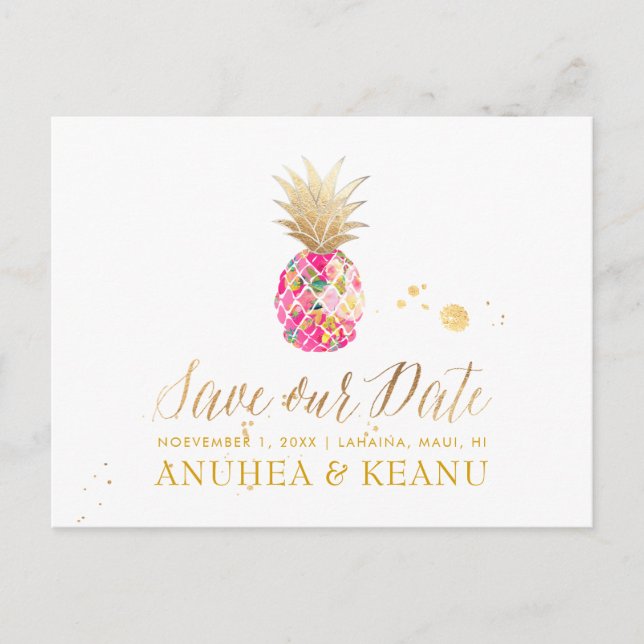 PixDezines Aloha Ananas/Hot Pink/Spara datumet Meddelande Vykort (Framsida)