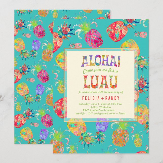PixDezines Aloha Hawaiian Pineapples/DIY Teal Inbjudningar (Fram/baksida)