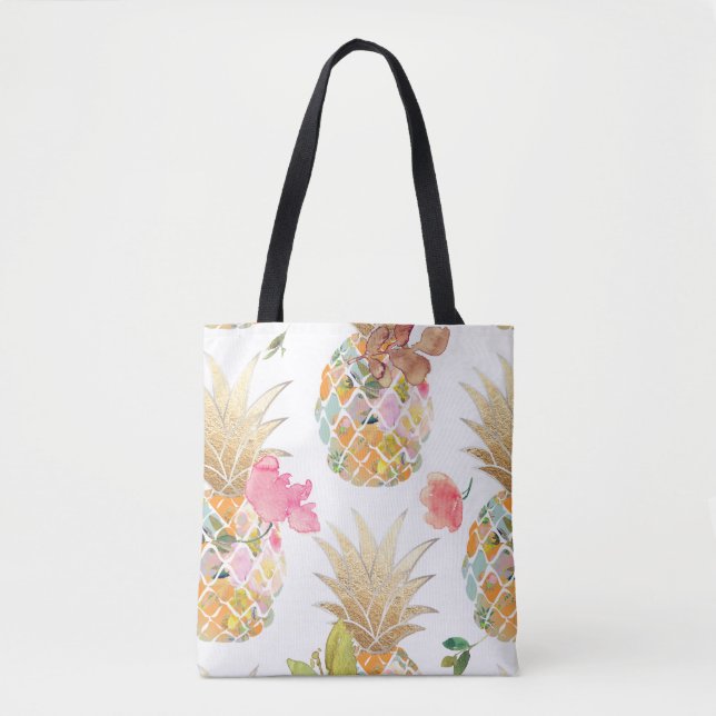 PixDezines Aloha Pineapple+Blommig Akvarell Tygkasse (Framsida)
