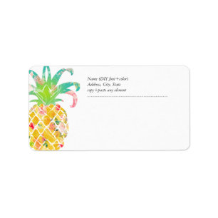 PixDezines Aloha Pineapple+Blommig Vattenfärg Adressetikett