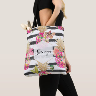 PixDezines Aloha Pineapple+Blommigt+Svart Rand Tygkasse