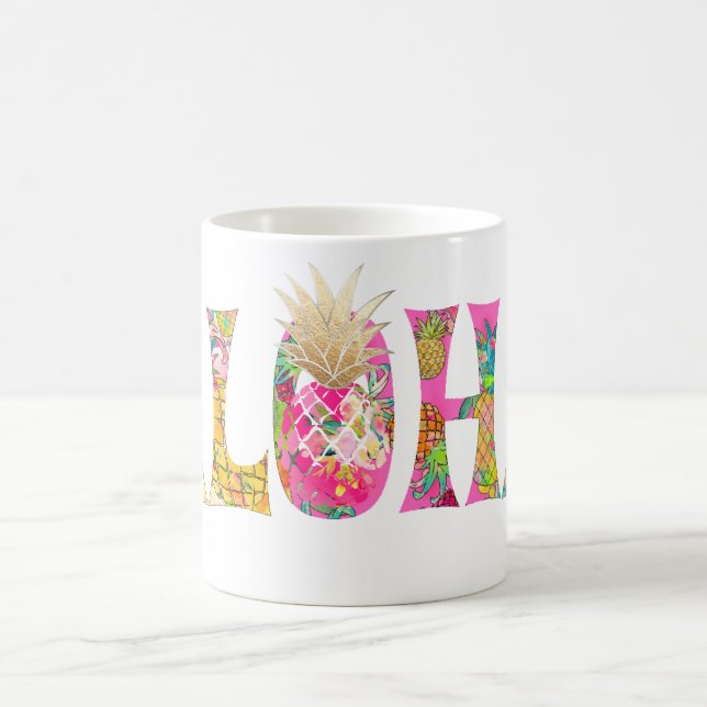 PixDezines Aloha Pineapple+Blommigt Vattenfärg Kaffemugg (Center)