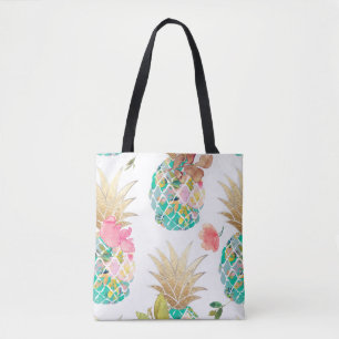 PixDezines Aloha Pineapple+Blommigt Vattenfärg Tygkasse