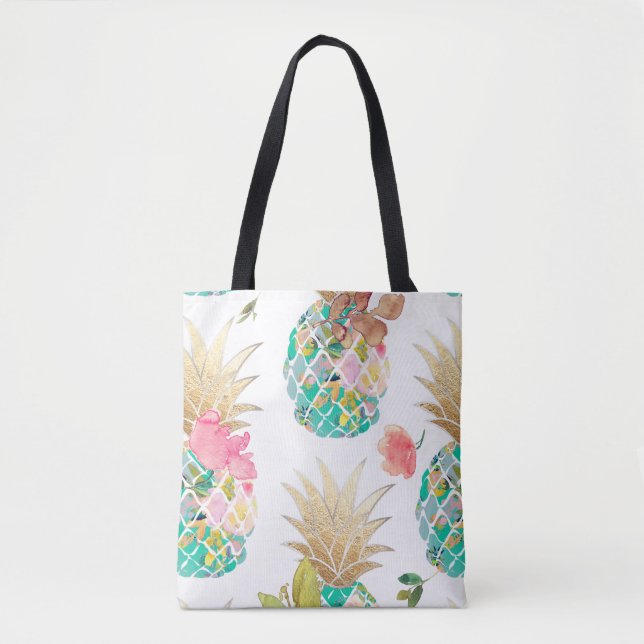 PixDezines Aloha Pineapple+Blommigt Vattenfärg Tygkasse (Framsida)