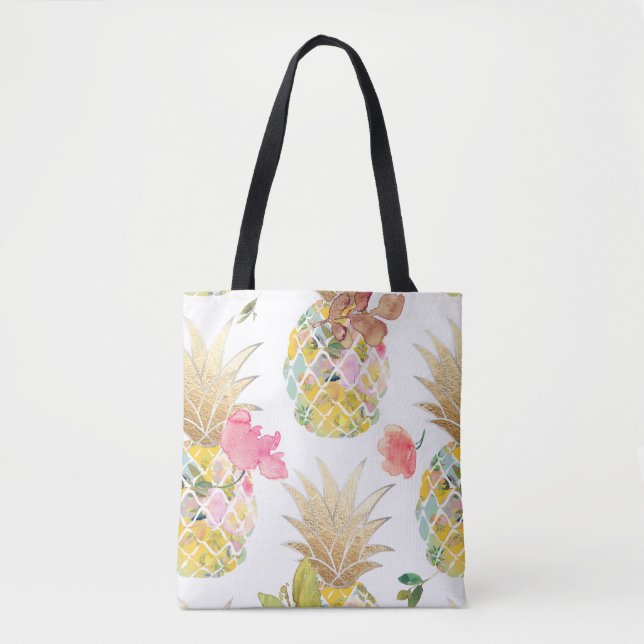 PixDezines Aloha Pineapple+Blommigt Vattenfärg Tygkasse (Framsida)