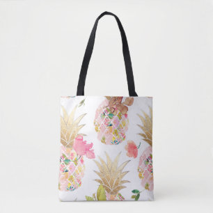 PixDezines Aloha Pineapple+Blommigt Vattenfärg Tygkasse