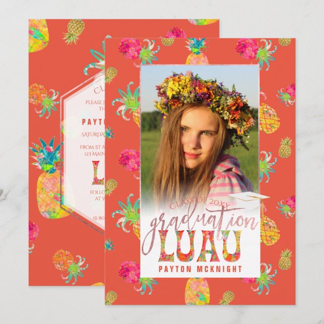 PixDezines Aloha Pineapples Examen Luau Inbjudningar (Fram/baksida)