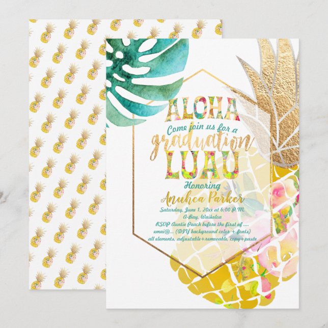 PixDezines Aloha Pineapples/Golden/Studenten Luau Inbjudningar (Fram/baksida)