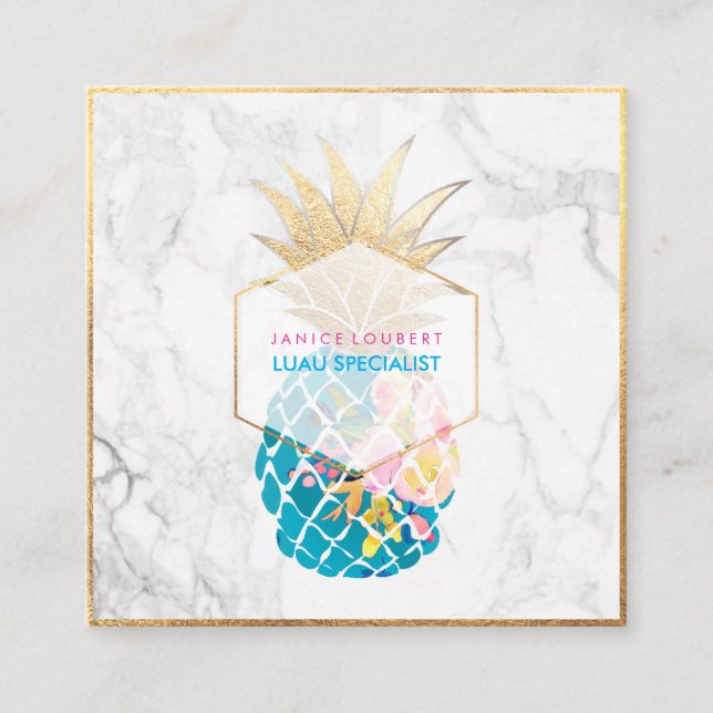 PixDezines Aloha Pineapples/Guld/Marmor Fyrkantigt Visitkort (Framsida)